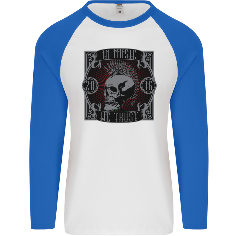 In Music We Trust Punk Rock Skull Mens L/S Baseball T-Shirt White/Royal Blue