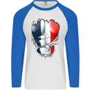 Gym French Tricolour Flag Muscles France Mens L/S Baseball T-Shirt White/Royal Blue