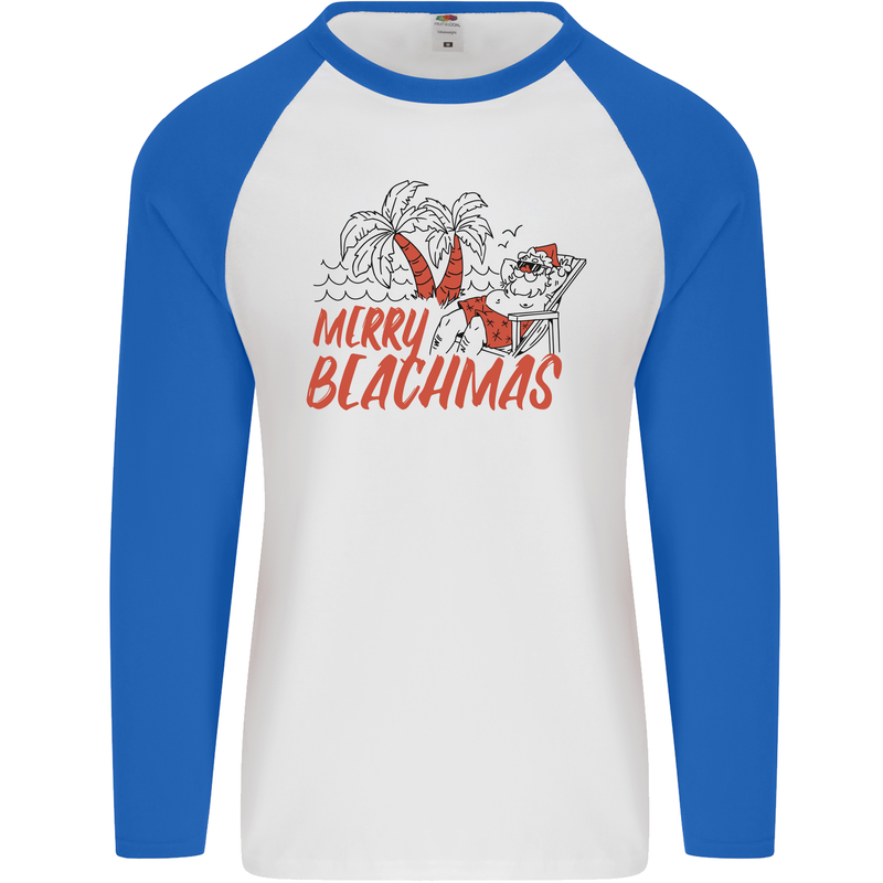 Merry Beachmas Funny Summer Santa Claus Mens L/S Baseball T-Shirt White/Royal Blue