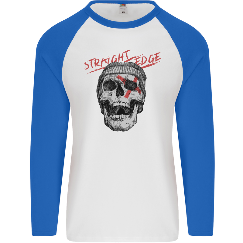 Straight Edge Skull Biker Motorcycle Mens L/S Baseball T-Shirt White/Royal Blue