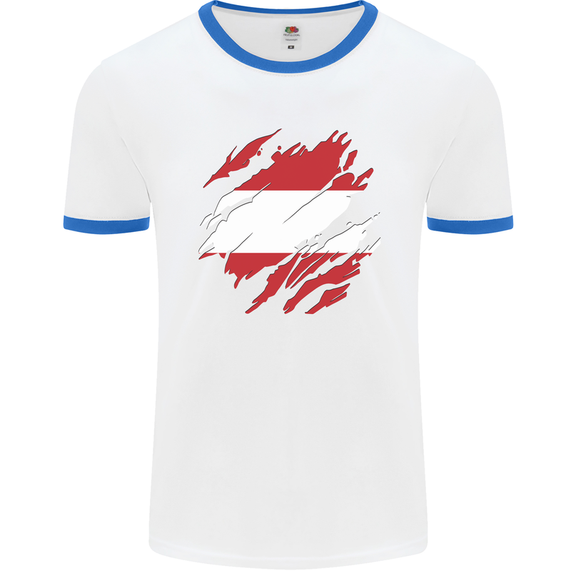 Torn Austria Flag Austrian Day Football Mens Ringer T-Shirt White/Royal Blue