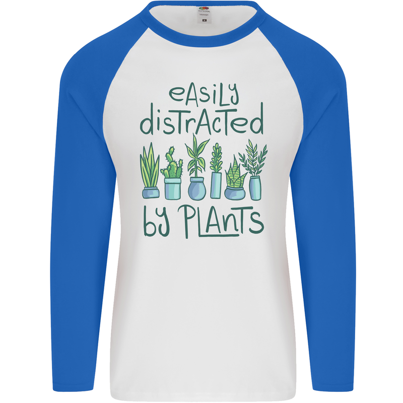 Easily Distracted by Plants Botanist Funny Mens L/S Baseball T-Shirt White/Royal Blue