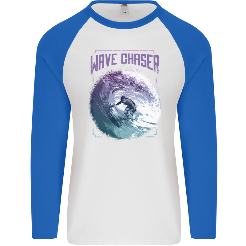 Wave Chaser Surfing Surfer Mens L/S Baseball T-Shirt White/Royal Blue