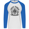Lucky Rider Dead Head Motorbike Biker Mens L/S Baseball T-Shirt White/Royal Blue