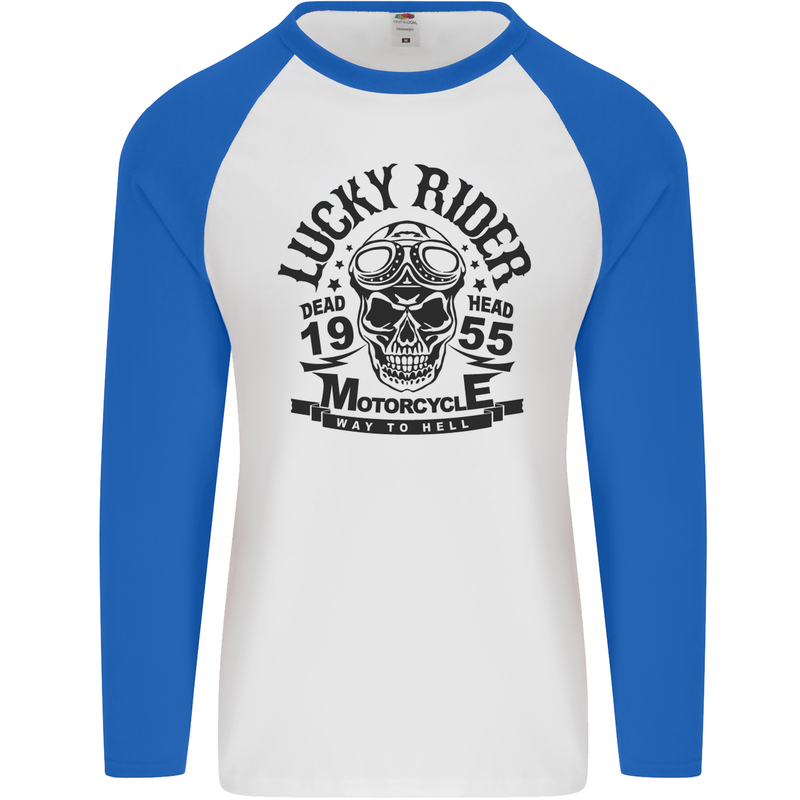 Lucky Rider Dead Head Motorbike Biker Mens L/S Baseball T-Shirt White/Royal Blue