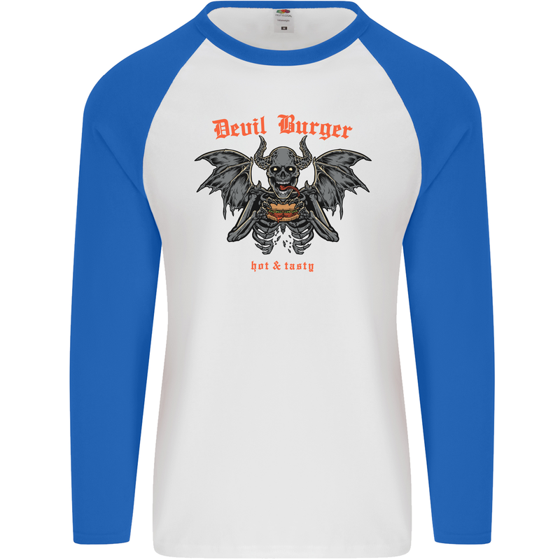 Devil Burger Demon Satan Grim Reaper BBQ Mens L/S Baseball T-Shirt White/Royal Blue