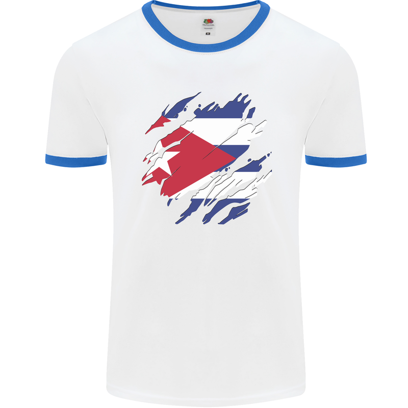 Torn Cuba Flag Cuban Day Football Mens Ringer T-Shirt White/Royal Blue