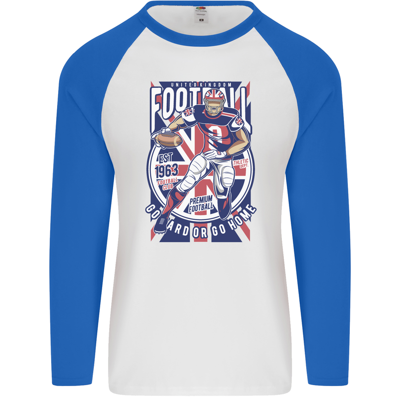 UK American Football Player Mens L/S Baseball T-Shirt White/Royal Blue