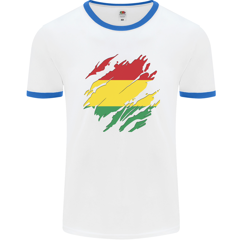 Torn Bolivia Flag Bolivian Day Football Mens Ringer T-Shirt White/Royal Blue