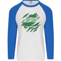 Torn Saudi Arabia Flag Arabian Day Football Mens L/S Baseball T-Shirt White/Royal Blue