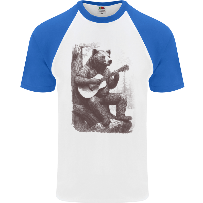 A Cool Bear Playing the Acoustic Guitar Mens S/S Baseball T-Shirt White/Royal Blue