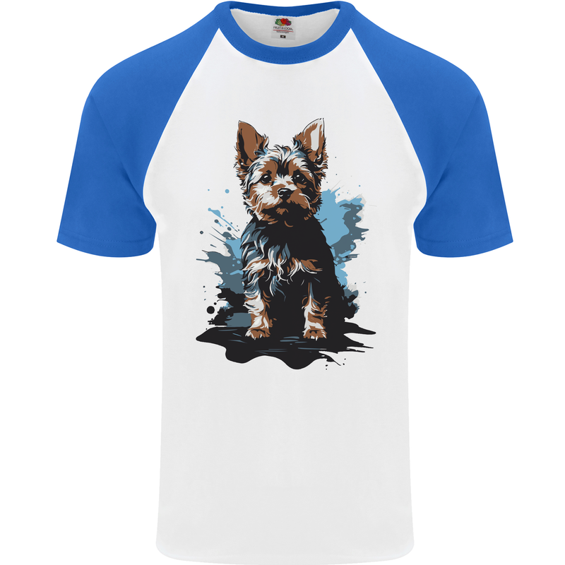 Yorkshire Terrier Splash Yorkie Dog Mens S/S Baseball T-Shirt White/Royal Blue