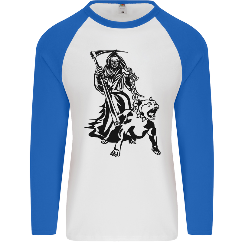 Pitbull Grim Reaper Dog Skull Satan Demon Mens L/S Baseball T-Shirt White/Royal Blue