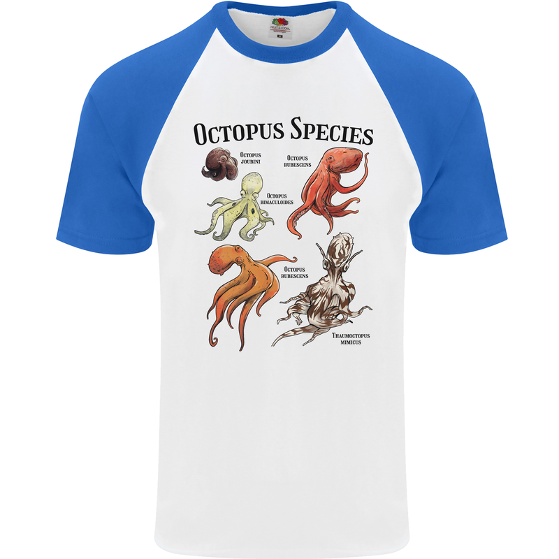 Octopus Species Sealife Scuba Diving Mens S/S Baseball T-Shirt White/Royal Blue