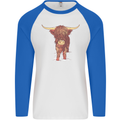 Highland Cattle Cow Scotland Scottish Mens L/S Baseball T-Shirt White/Royal Blue