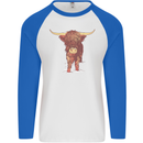 Highland Cattle Cow Scotland Scottish Mens L/S Baseball T-Shirt White/Royal Blue