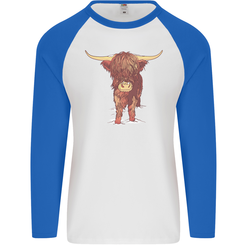 Highland Cattle Cow Scotland Scottish Mens L/S Baseball T-Shirt White/Royal Blue