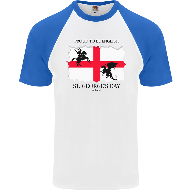 Proud to Be English St Georges Day Flag Mens S/S Baseball T-Shirt White/Royal Blue