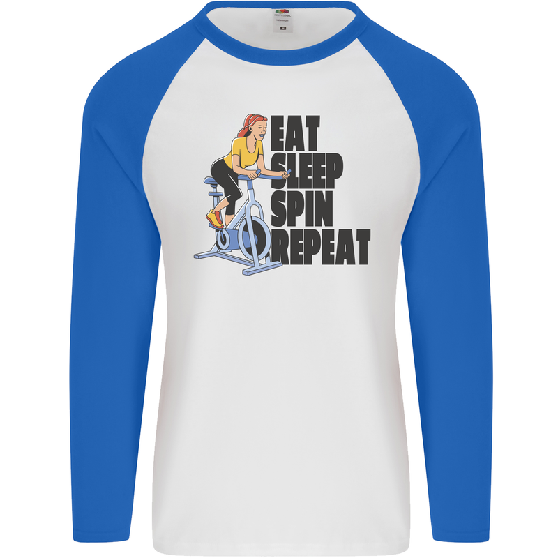 Spinning Eat Sleep Spin Repeat Cycling Mens L/S Baseball T-Shirt White/Royal Blue