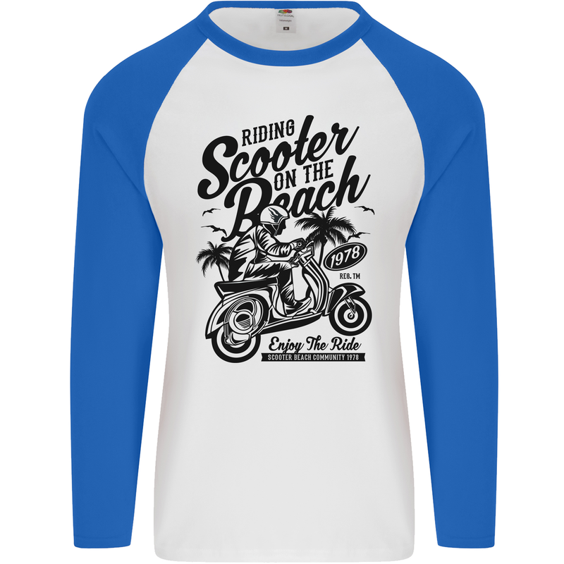Scooter on the Beach MOD Mens L/S Baseball T-Shirt White/Royal Blue