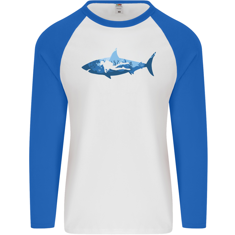 Great White Shark Scuba Diver Diving Mens L/S Baseball T-Shirt White/Royal Blue