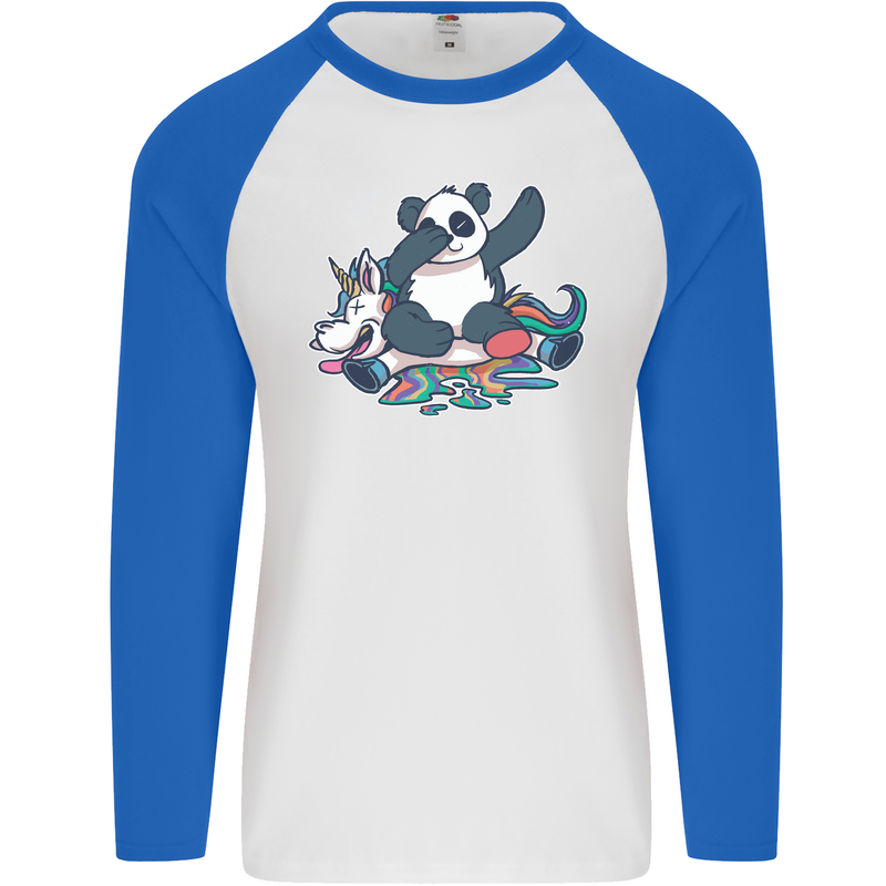 Dabbing Panda Squashing a Unicorn Funny Mens L/S Baseball T-Shirt White/Royal Blue