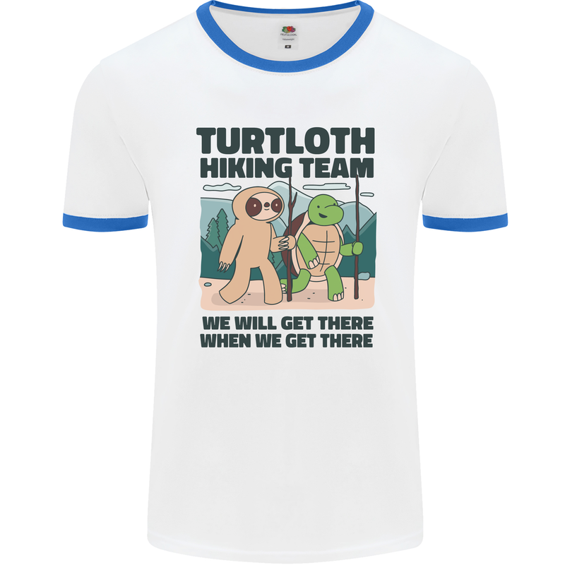 Turtloth Hiking Team Hiking Turtle Sloth Mens Ringer T-Shirt White/Royal Blue