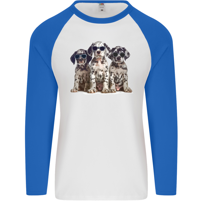 3 Cool Dalmatian Puppy's Dogs Mens L/S Baseball T-Shirt White/Royal Blue