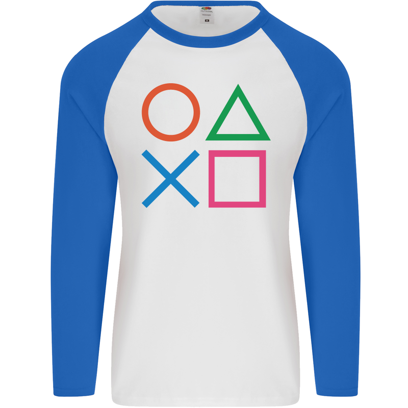 Arcade Game Console Buttons Gaming Gamer Mens L/S Baseball T-Shirt White/Royal Blue