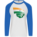 Curled India Flag Indian Day Football Mens L/S Baseball T-Shirt White/Royal Blue