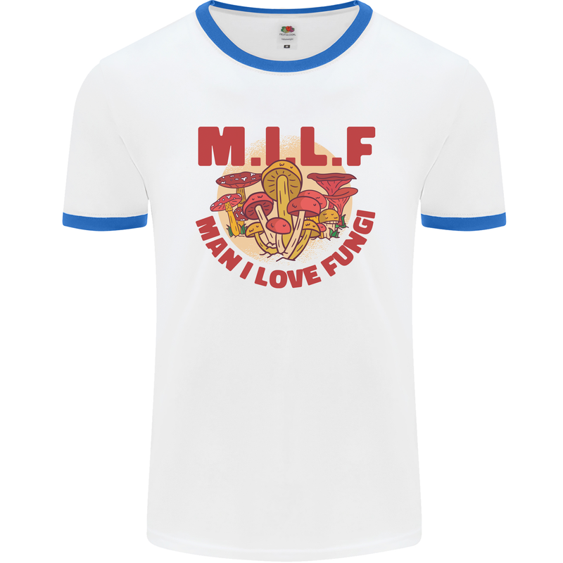 MILF Man I Love Fungi Mycology Foraging Mens Ringer T-Shirt White/Royal Blue