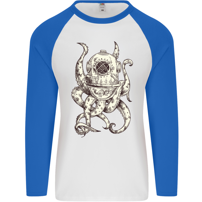 Steampunk Octopus Kraken Cthulhu Mens L/S Baseball T-Shirt White/Royal Blue