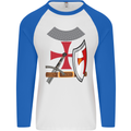 Knights Templar Fancy Dress St Georges Day Mens L/S Baseball T-Shirt White/Royal Blue