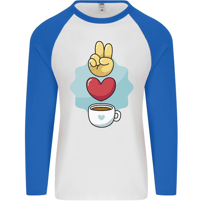 Peace Love Coffee Mens L/S Baseball T-Shirt White/Royal Blue