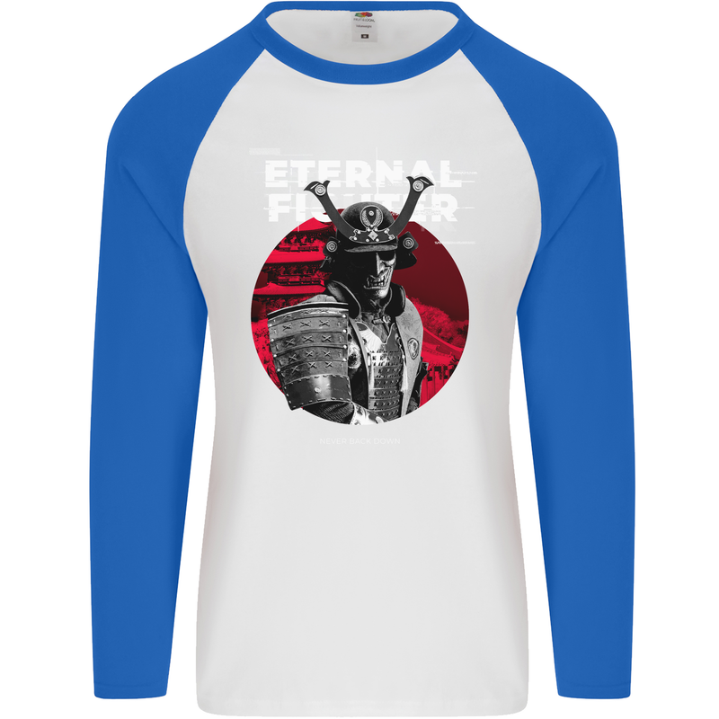 Samurai Fighter Skull MMA Mixed Martial Arts Mens L/S Baseball T-Shirt White/Royal Blue