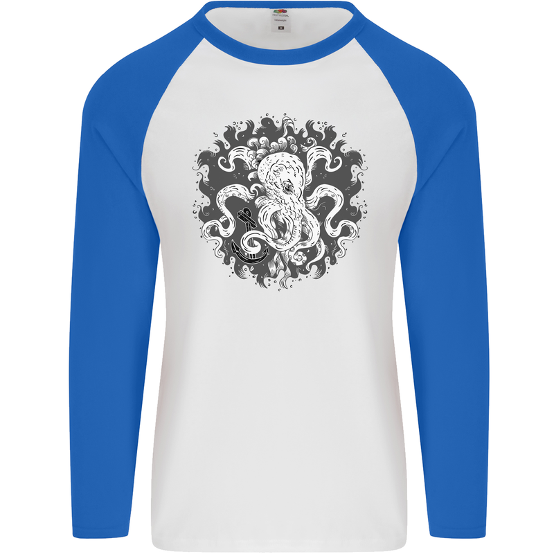 An Octopus in the Deep Ocean Sailor Sailing Mens L/S Baseball T-Shirt White/Royal Blue