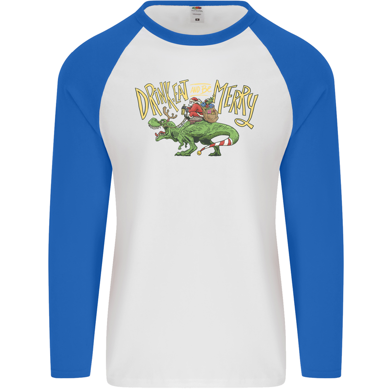 Santa T-Rex Drink Eat Merry Funny Christmas Mens L/S Baseball T-Shirt White/Royal Blue