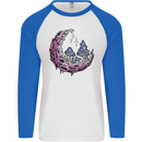Trippy Magic Mushroom Moon LSD Psychedelic Mens L/S Baseball T-Shirt White/Royal Blue