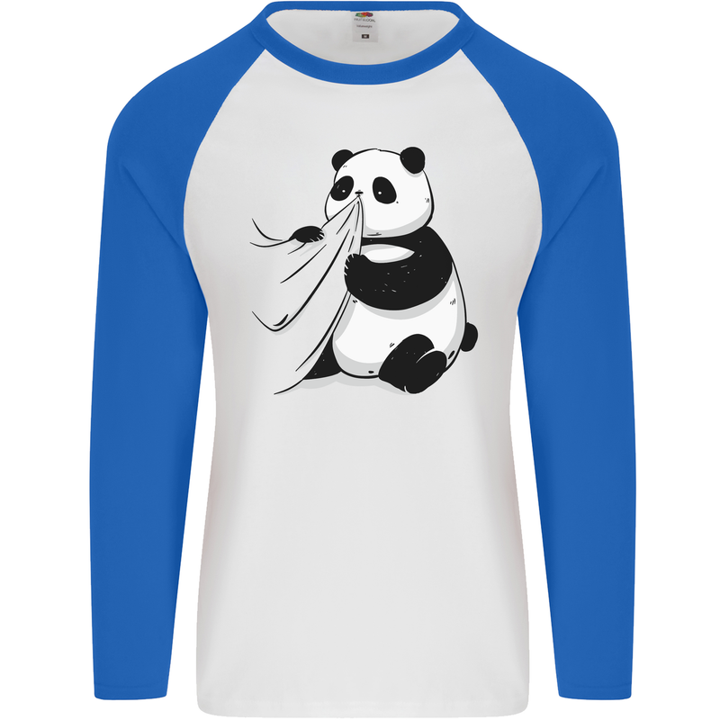 A Funny Panda Bear Mens L/S Baseball T-Shirt White/Royal Blue
