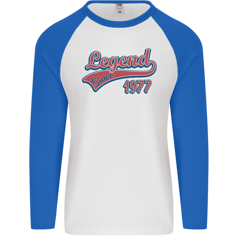 Legend Since 46th Birthday 1977 Mens L/S Baseball T-Shirt White/Royal Blue