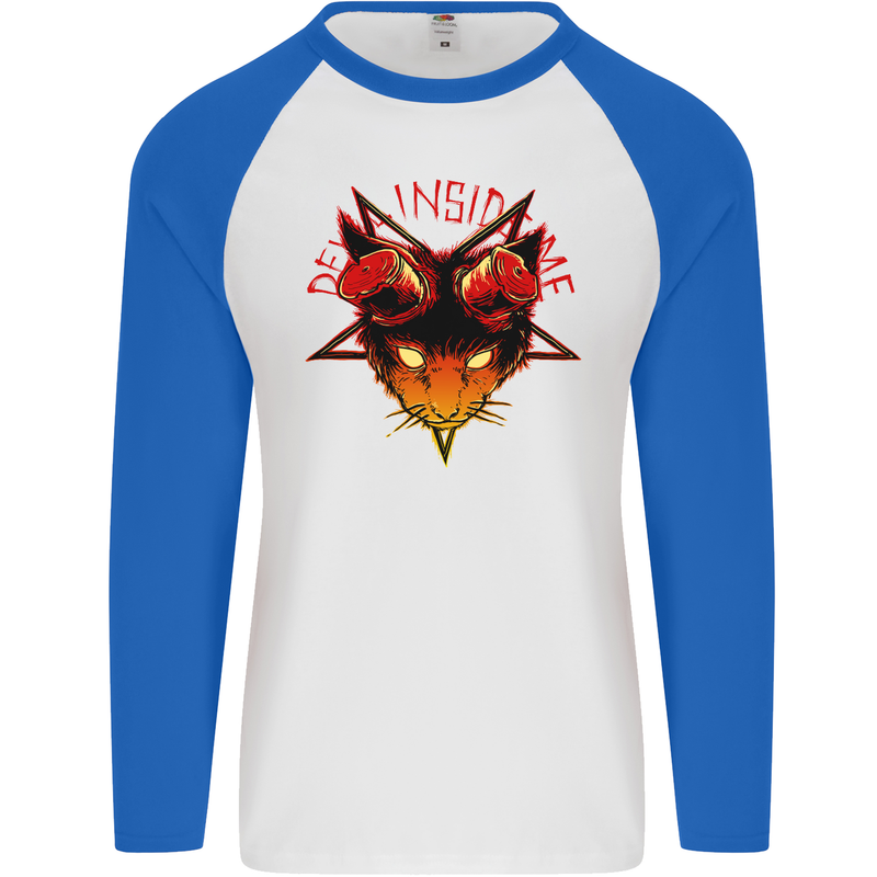 Devil Inside Me Satanic Cat Demon Evil Mens L/S Baseball T-Shirt White/Royal Blue