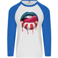 Sexy USA Flag Lips America July 4th Mens L/S Baseball T-Shirt White/Royal Blue