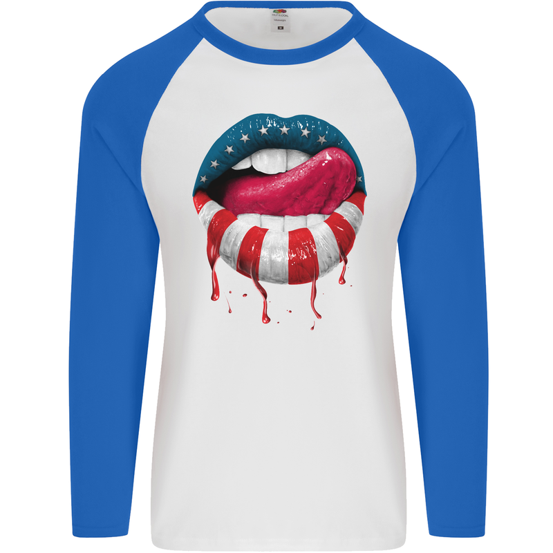 Sexy USA Flag Lips America July 4th Mens L/S Baseball T-Shirt White/Royal Blue