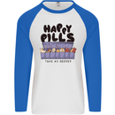Cats Happy Pills Funny Feline Mens L/S Baseball T-Shirt White/Royal Blue
