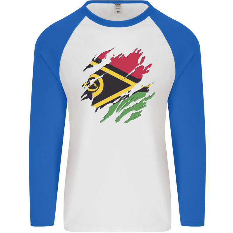 Torn Vanuatu Flag Day Football Mens L/S Baseball T-Shirt White/Royal Blue