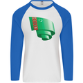 Curled Turkmenistan Flag The Turkmen Day Football Mens L/S Baseball T-Shirt White/Royal Blue