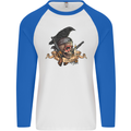 Libertad Skull Freedom Pirate Crow Raven Mens L/S Baseball T-Shirt White/Royal Blue