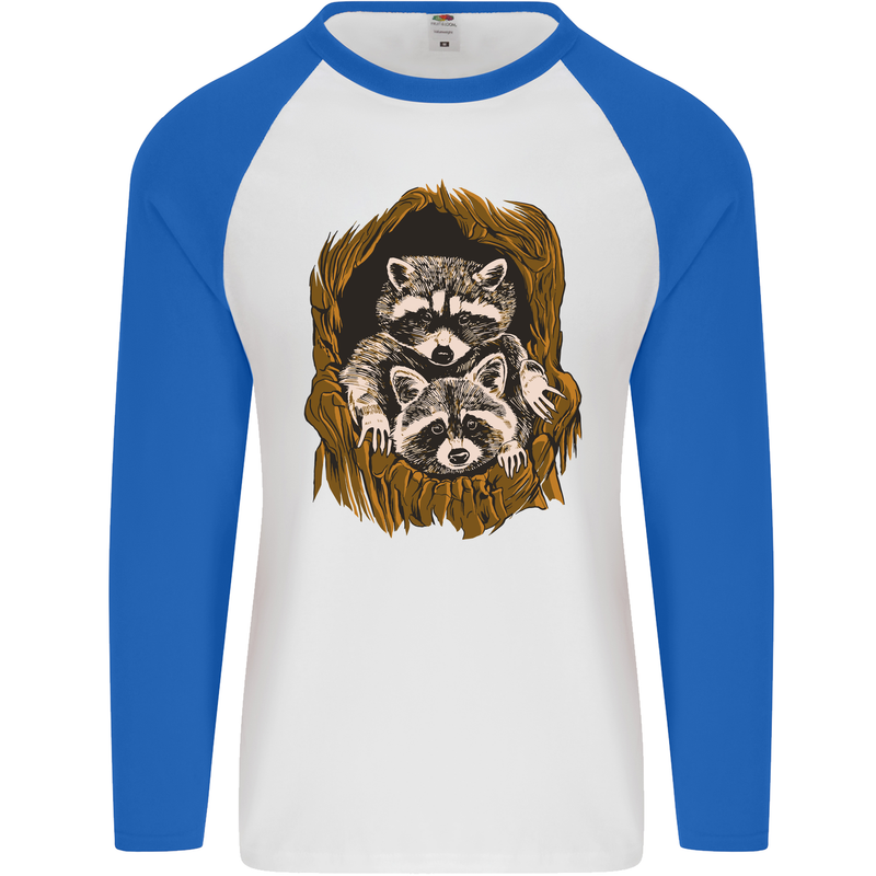 Raccoons in a Tree Mens L/S Baseball T-Shirt White/Royal Blue