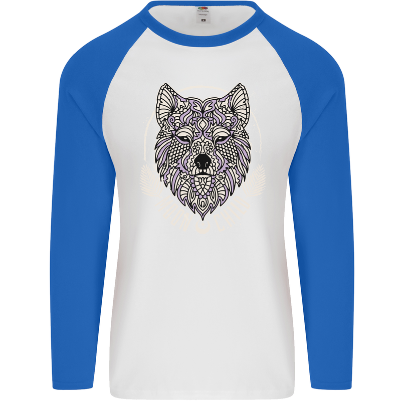 Mandala Wolf Mens L/S Baseball T-Shirt White/Royal Blue