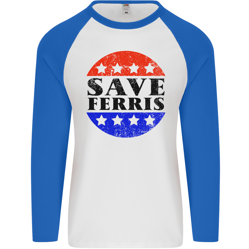 Save Ferris Distressed Mens L/S Baseball T-Shirt White/Royal Blue